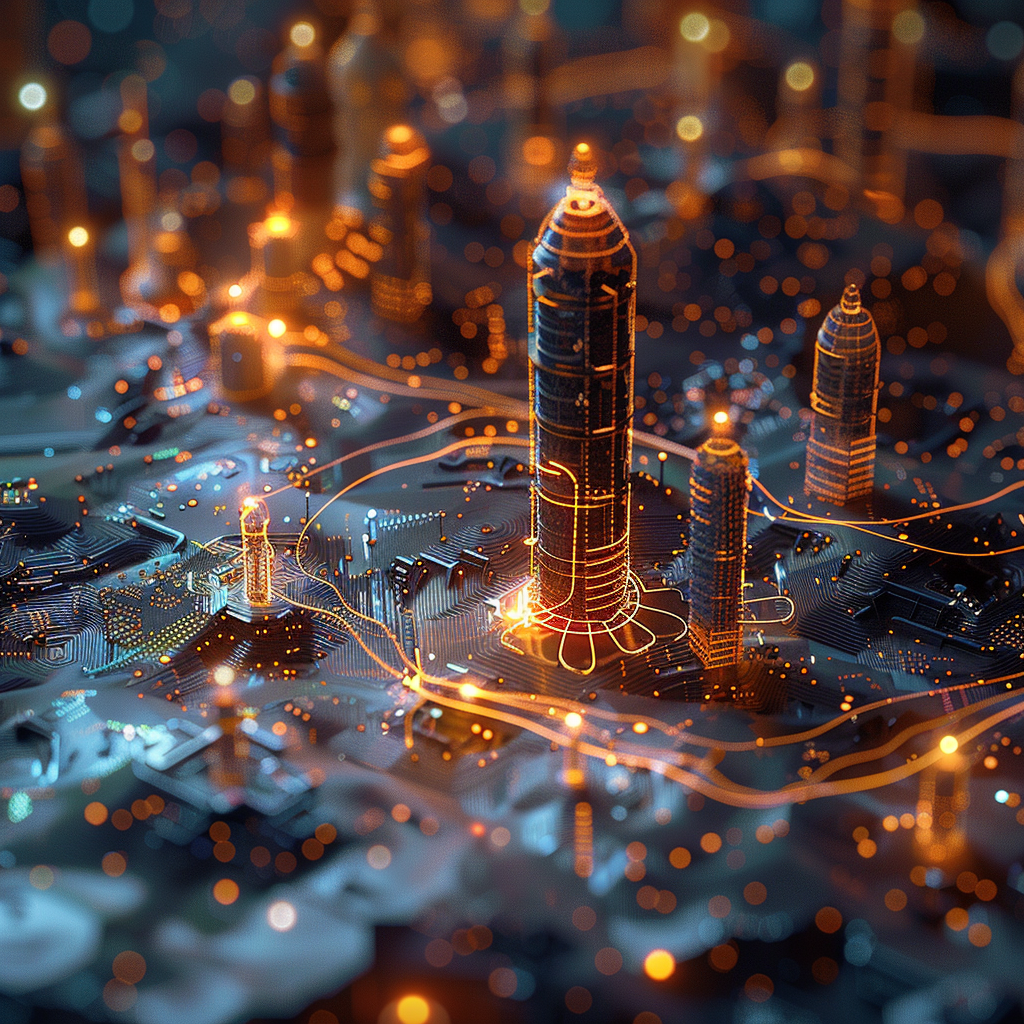 0201a: 3D quantum circuit diagram morphing into a city skyline